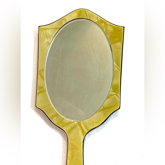 Vintage Beveled Vanity Hand Mirror Yellow Celluloid Art Deco Victorian - Picture 3 of 8